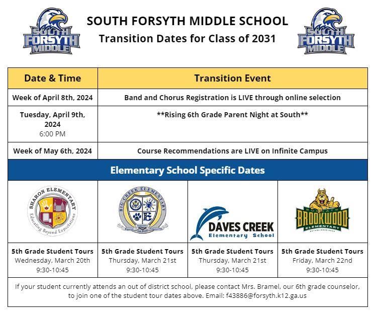 Dates for Transition, week of may 6th course recommendations go live on Infinite Campus